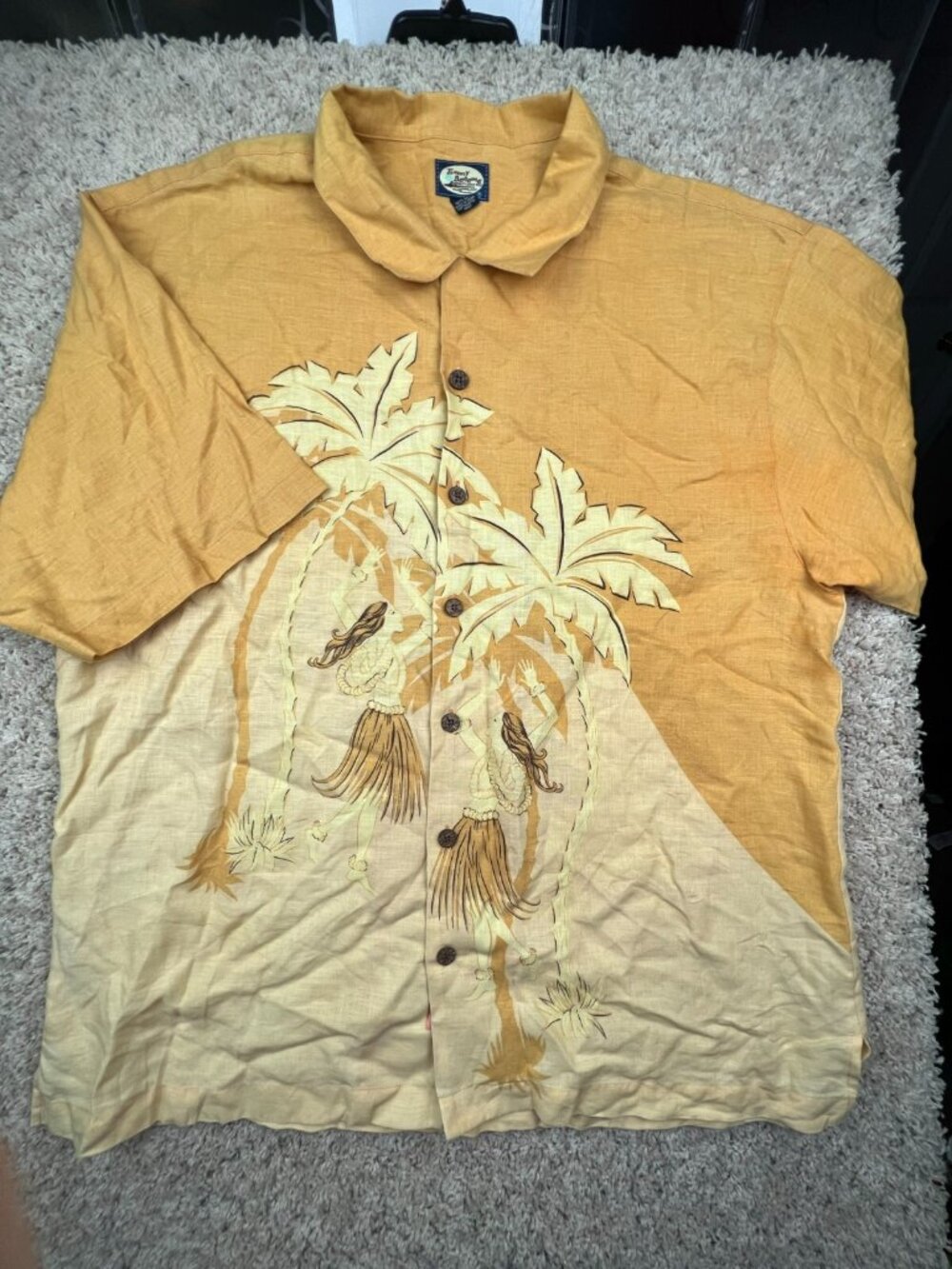 Tommy Bahama All LINEN Camp Shirt Hawaiian Luau YELLOW XL Hula Dancers Floral